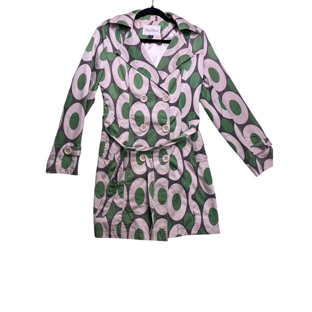 MaxMara Trench Coat Women Medium Green Geometric Double Breasted Mod Jacket